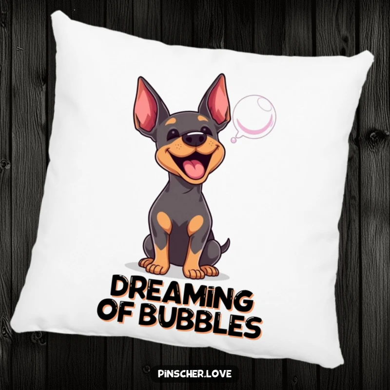 Funny Pinscher pillow featuring an energetic dog barking at a bubble, perfect for adding cozy comfort and playful charm.
