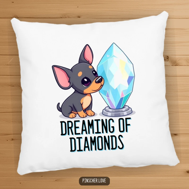 Funny Pinscher pillow with a Pinscher dog tilting its head in fascination towards a large, dazzling, sparkling gemstone.