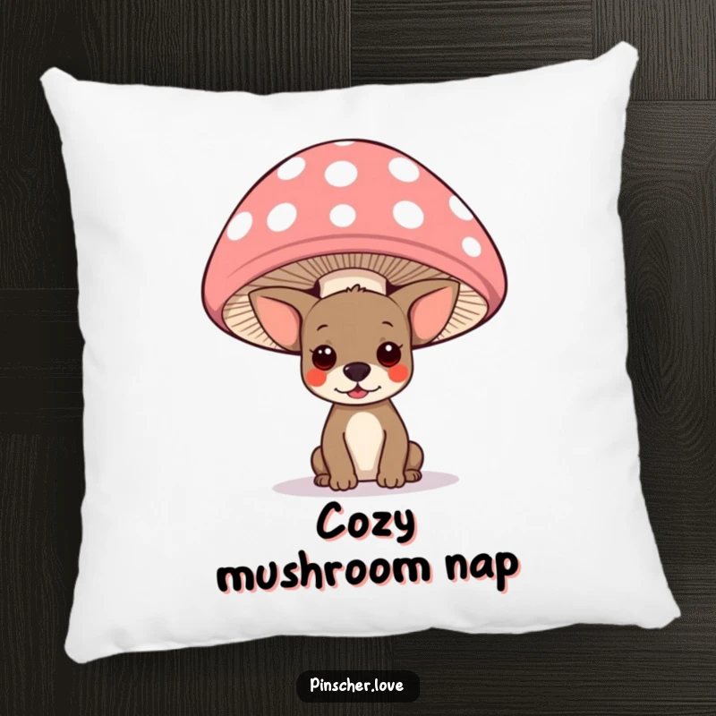 Funny pinscher dog peeking from under a large, polka-dotted mushroom cap, featured on a soft and humorous decorative pillow