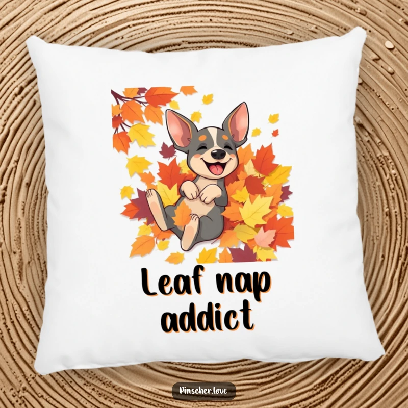 Funny Pinscher pillow featuring a happy Pinscher dog rolling with abandon in a large mound of vibrant autumn leaves.