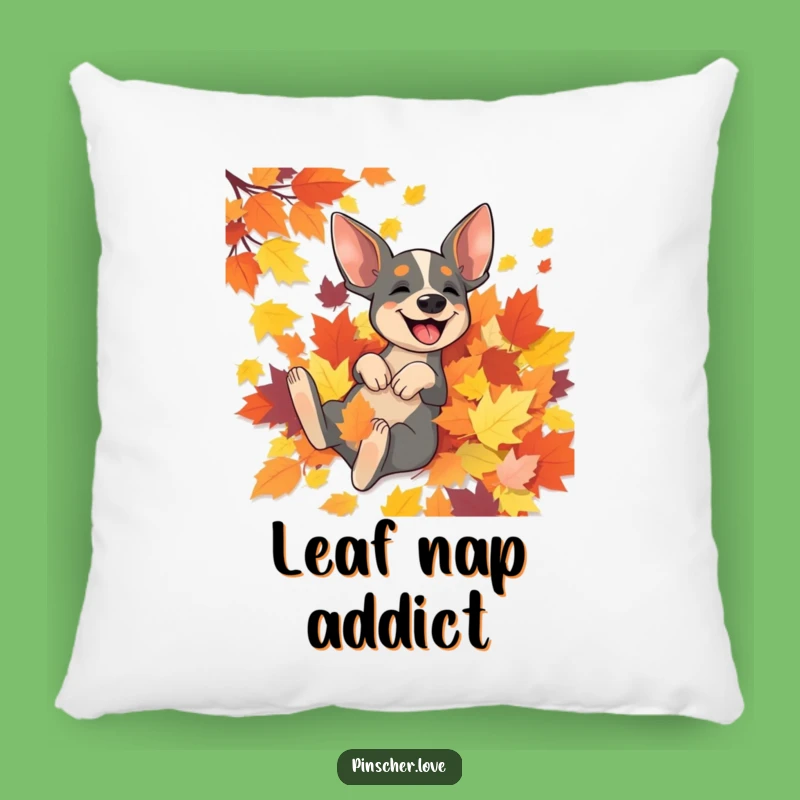 Cozy Funny Pinscher Rolling in Leaves Pillow - Fall Comfort & Decor