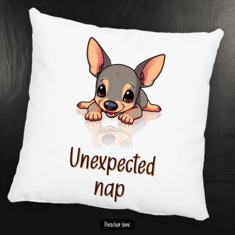 Funny Pinscher pillow with a Pinscher dog comically slipping and sliding on a very shiny, polished floor, legs in the air.