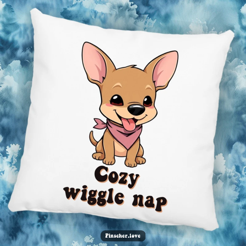 Funny pillow featuring a soft cartoon pinscher character in a tiny bandana, wiggling with pure joy and adorable charm.