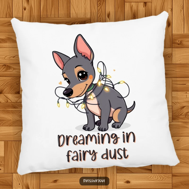 Funny Pinscher pillow featuring a Pinscher dog playfully tangled in a string of small, glowing fairy lights.