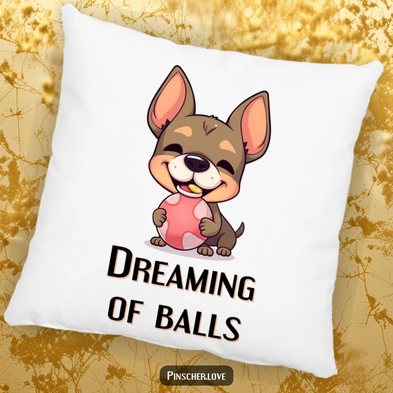 Funny Pinscher character pillow, with a silly grin, balancing a ball on its nose, offering comfort and playful charm.