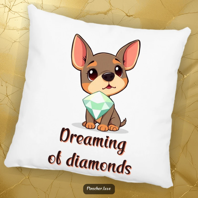 Funny Pinscher Pillow designed with a dog tilting its head in fascination at a sparkling gem, great for cozy decor.