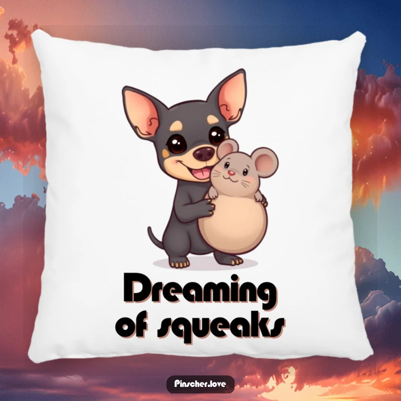 Funny Pinscher pillow showcasing a smiling dog blissfully clutching an oversized squeaky toy mouse, adding humor to any room.