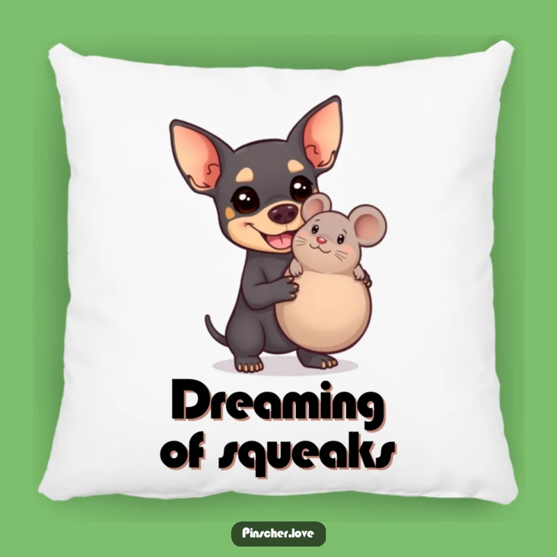 Funny Pinscher Pillow - Cozy Dog with Giant Squeaky Mouse - Soft Humorous Decor Gift