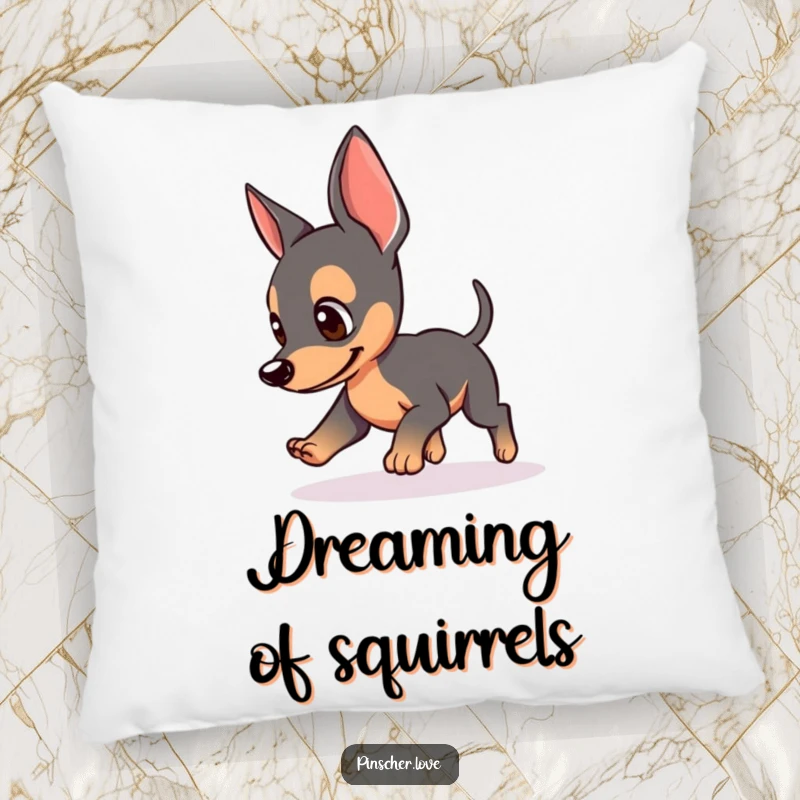 Funny pillow with a Pinscher dog chasing its tail, perked ears, soft and decorative, perfect funny gift for comfort seekers.