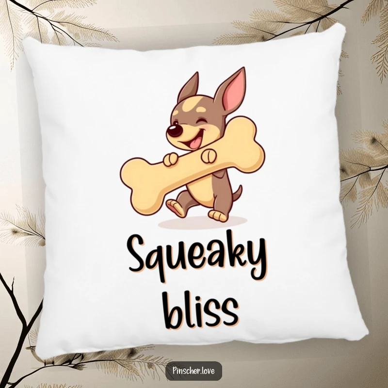 Funny Pinscher dog pillow, gleefully bouncing a large squeaky bone, bringing playful energy and comfort.