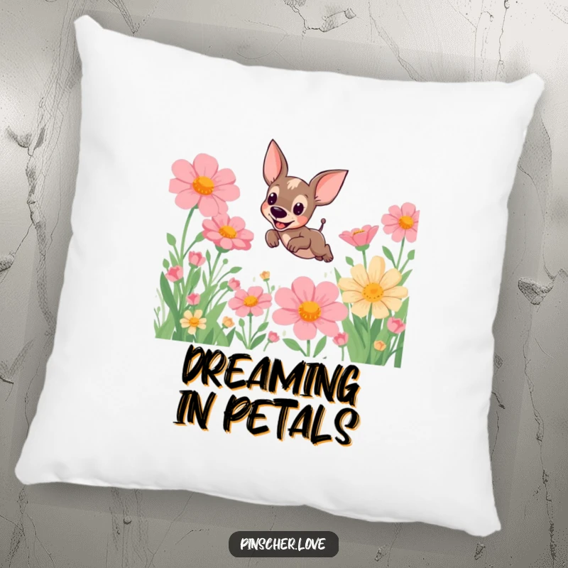 Funny Pinscher Pillow: A happy pinscher dog playfully leaps over giant, colorful flowers, adding a touch of whimsy and humor to your decor.
