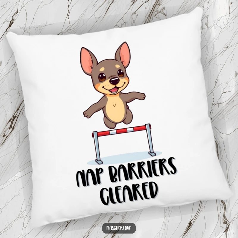 Funny Pinscher Pillow: A determined pinscher dog leaps over a tiny hurdle, a symbol of focus and achievement.