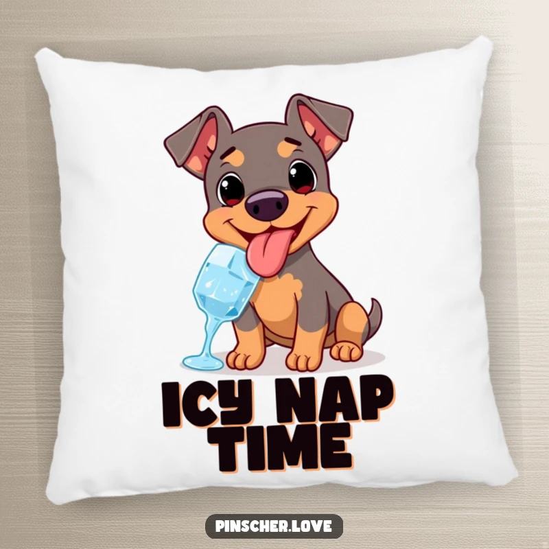 Funny decorative pillow with a Pinscher panting, tongue out, happily engaging with a refreshing ice cube.