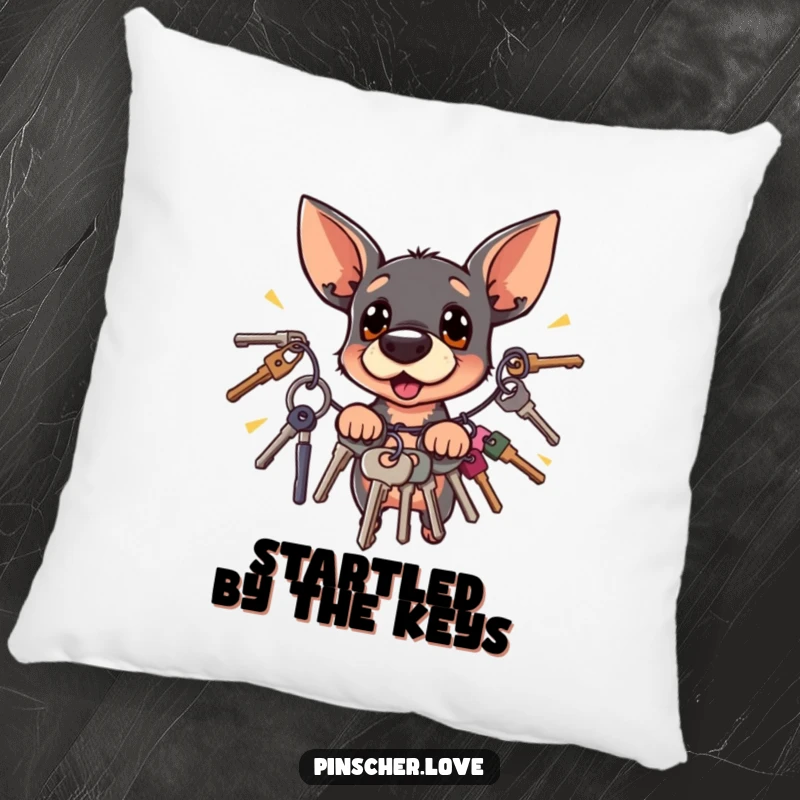 Funny surprised Pinscher dog recoiling from jingling keys, featured on a soft, decorative pillow.