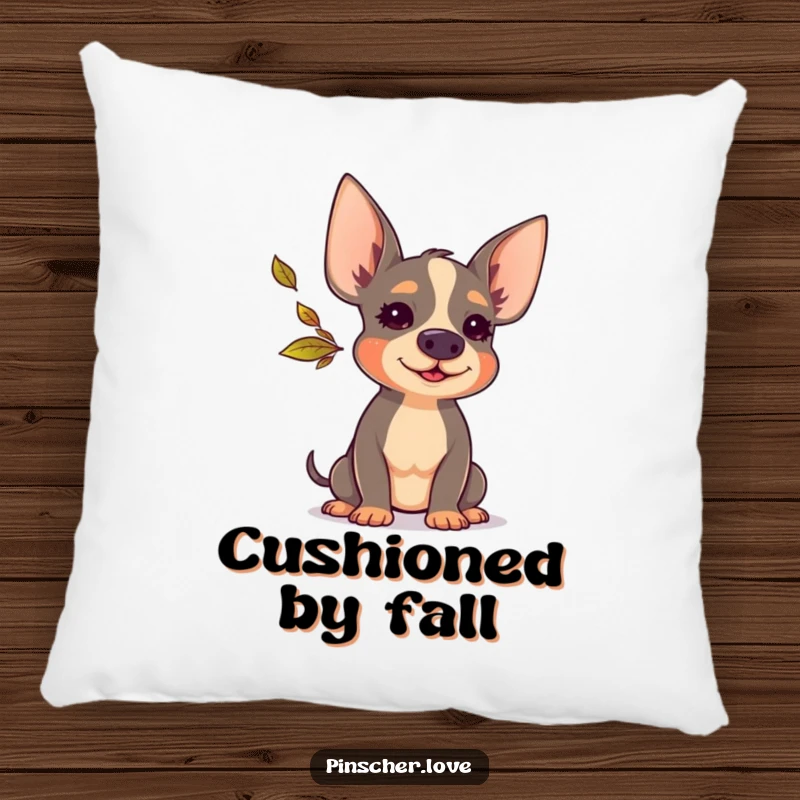 Funny Pinscher pillow depicting a soft, plush Pinscher dog happily blowing a tiny, colorful autumn leaf, adding comfort and charm.