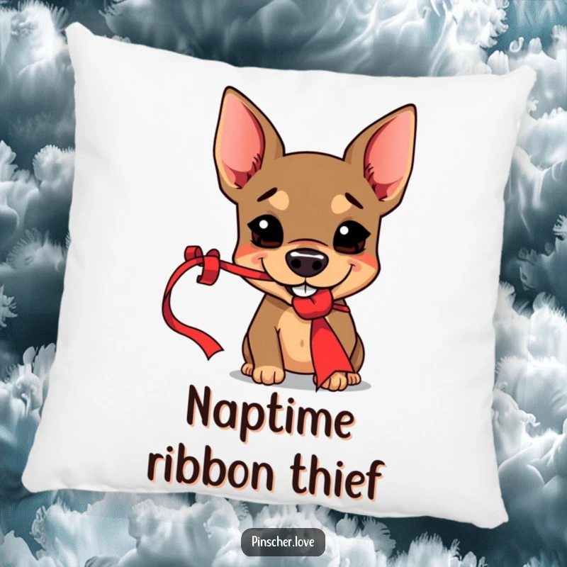 Funny Pinscher pillow showcasing a dog with a mischievous grin playfully holding a red ribbon, adding a humorous and cozy touch.