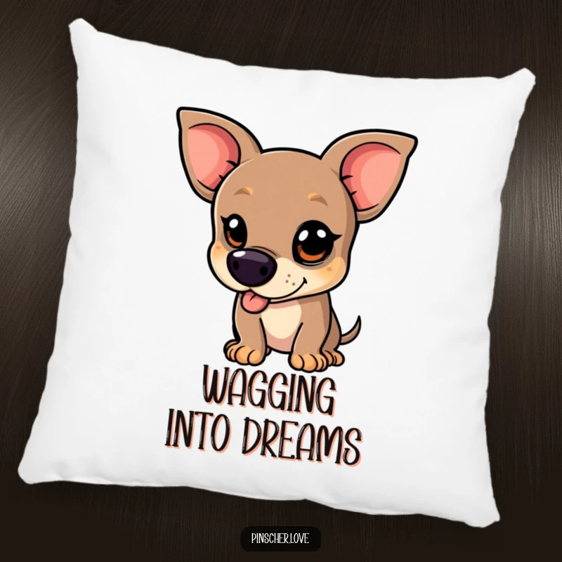 Funny Pinscher Pillow - A soft pillow showcasing a mischievous pinscher dog wagging its tail vigorously, perfect for adding cozy dog-themed humor.