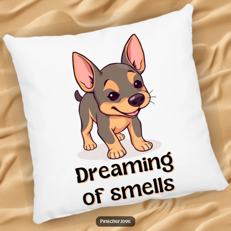 Funny Pinscher pillow, soft cushion with dog with determined expression joyfully sniffing the ground, curious pet decor, gift.