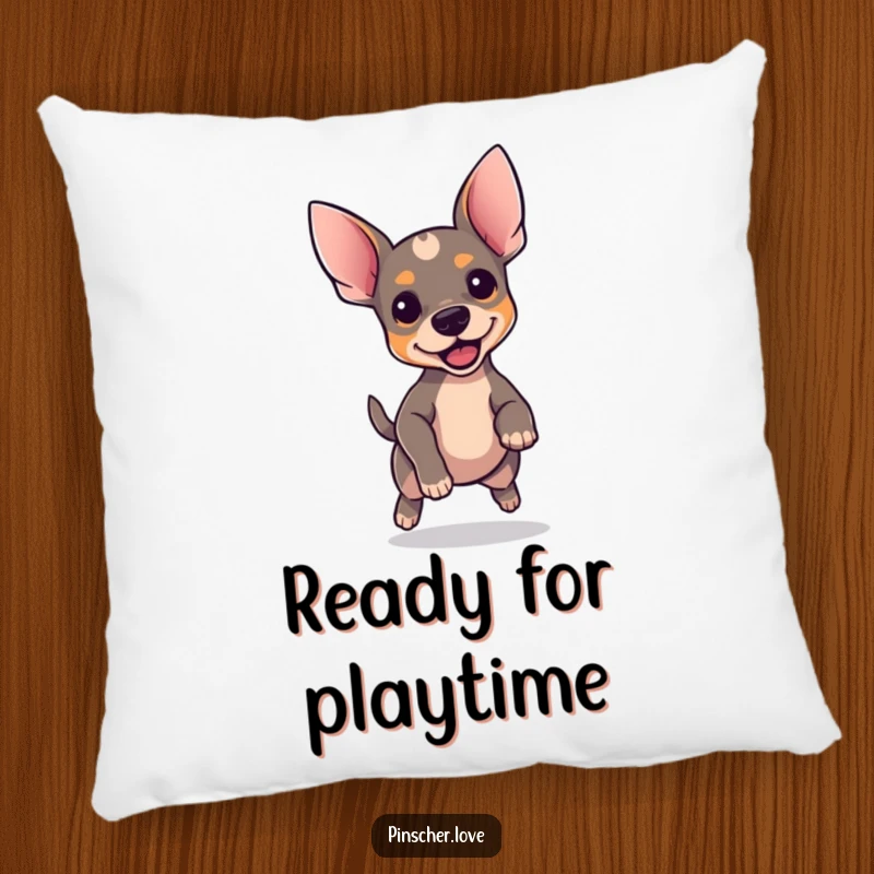 Funny Pinscher pillow, soft cushion featuring a dog with perky ears bouncing with excitement, playful pet decor, great gift.