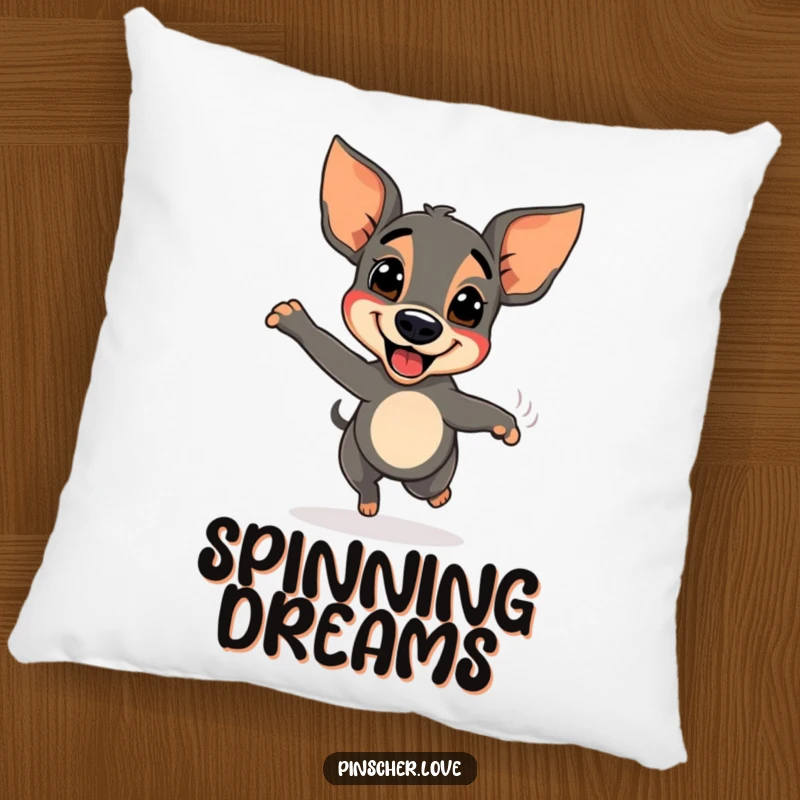 Funny Pinscher dog pillow, captured in a euphoric spin with a furiously wagging tail, radiating happiness.