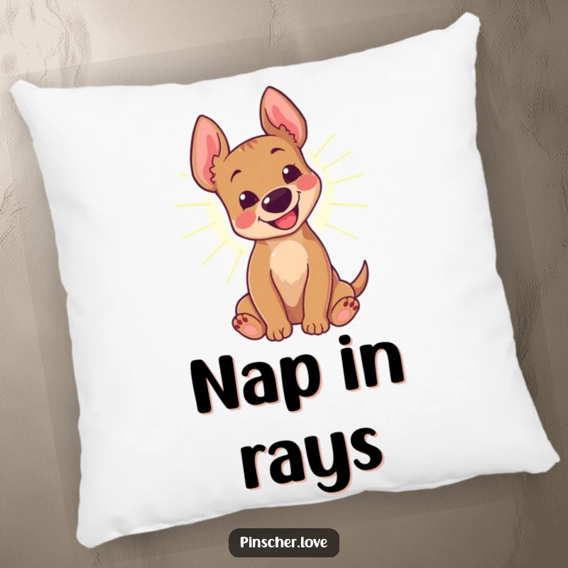 Funny Pinscher Pillow: A happy pinscher dog rolls in a sunbeam, its joyful bark a sound of pure contentment.
