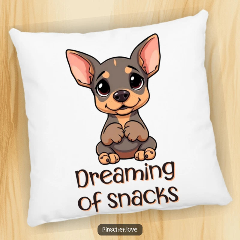 Funny decorative pillow with a Pinscher sitting upright, paws clasped, and a goofy, hopeful expression.