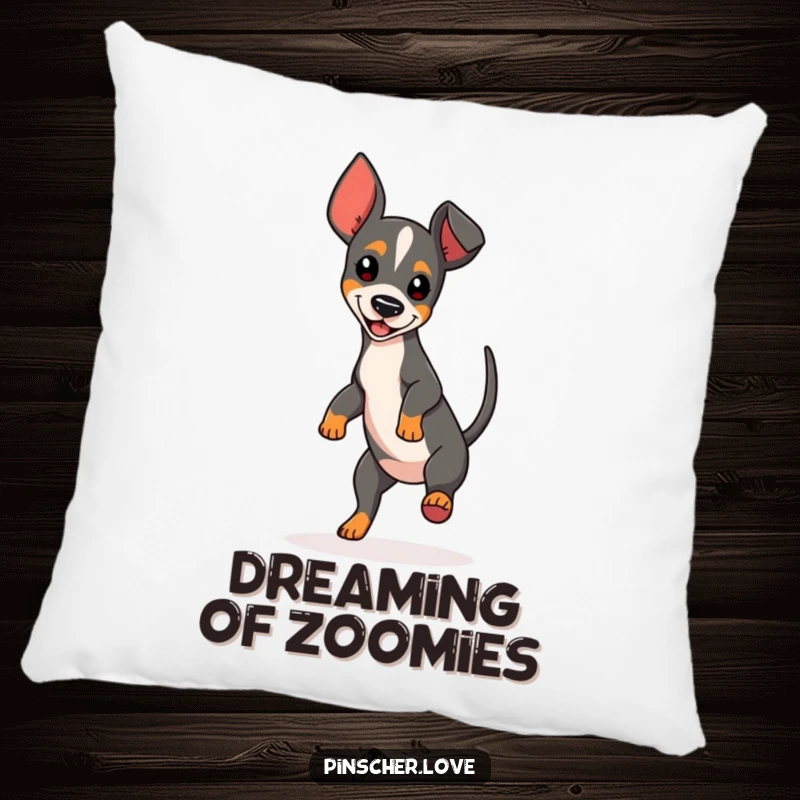 Funny Spinning Pinscher Pillow designed with a playful dog mid-spin, offering comfort and a humorous touch.