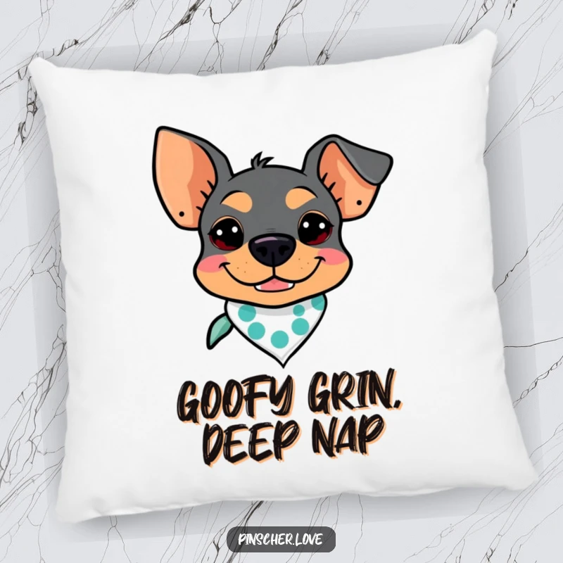 Funny Pinscher Pillow: A Pinscher with a goofy grin and a tiny bandana, offering comfort and a splash of humor.