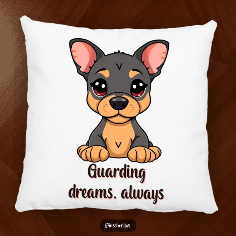 Funny Pinscher Pillow: An alert Pinscher guarding a plush toy, offering comfort and a dash of humorous loyalty.