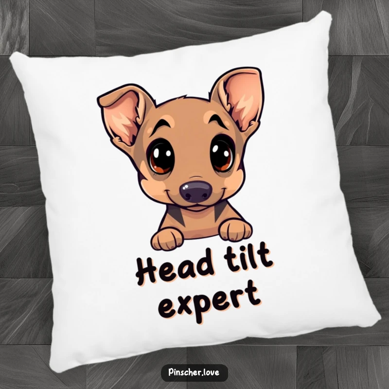 Funny Pinscher pillow showcasing a dog's wide, curious eyes and head tilt, offering a cozy and humorous decorative touch.