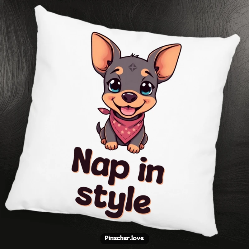 Funny pillow design featuring a pinscher with a mischievous grin and a tiny bandana, adding a touch of cool to decor.