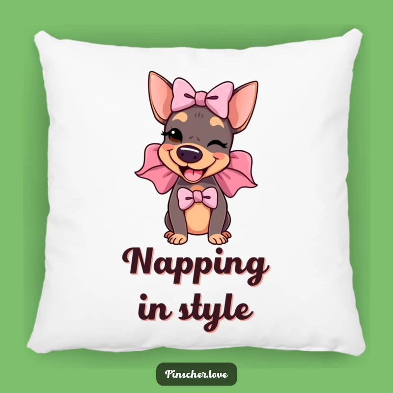 Funny Winking Pinscher Bow Pillow: Cuddle Up with Canine Comedy!