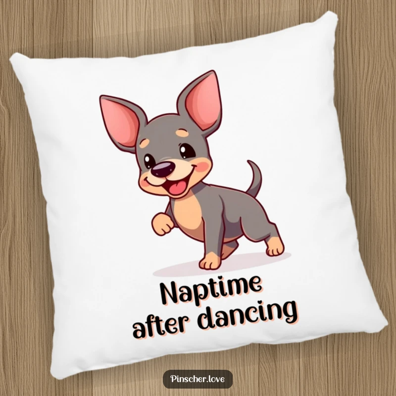 Funny Pinscher Dance Pillow: A plush pillow showcases a pinscher in a joyful dance, its tail a dynamic blur of pure canine happiness.