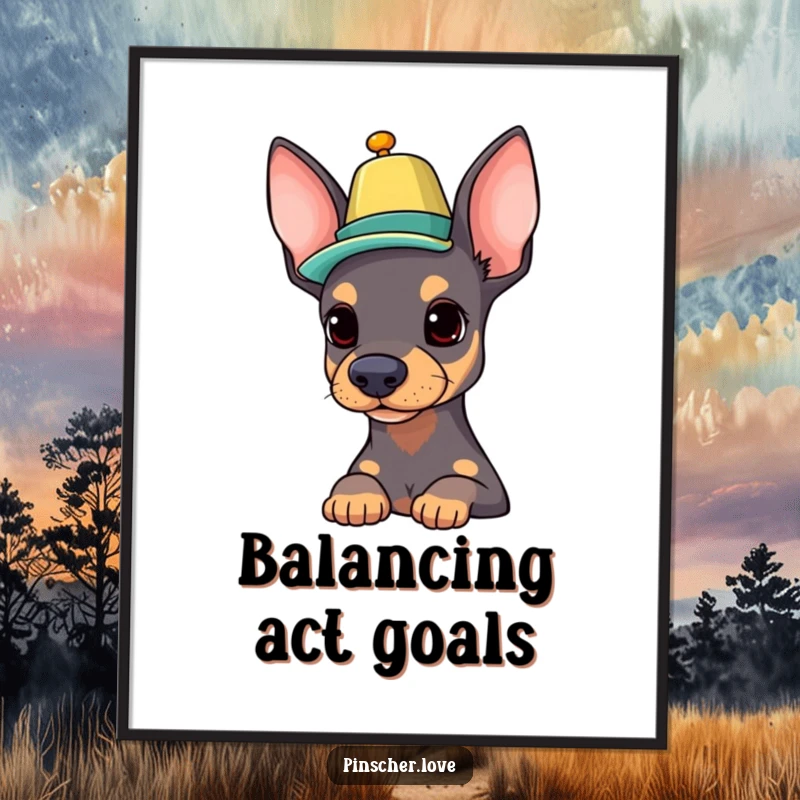 Funny Pinscher digital art print of a proud dog character balancing a colorful hat on its nose, ideal for instant stylish wall art.