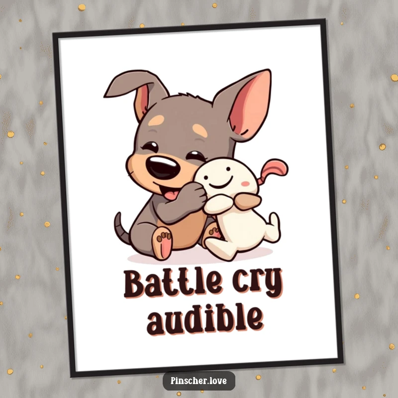 Funny Pinscher Digital Art: A dog playfully wrestles a squeaky toy, capturing a moment of energetic and humorous fun.