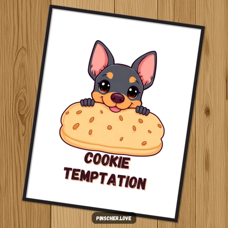 Funny digital art print of a pinscher peeking coyly behind a large, smiling biscuit, perfect for playful, treat-themed decor.