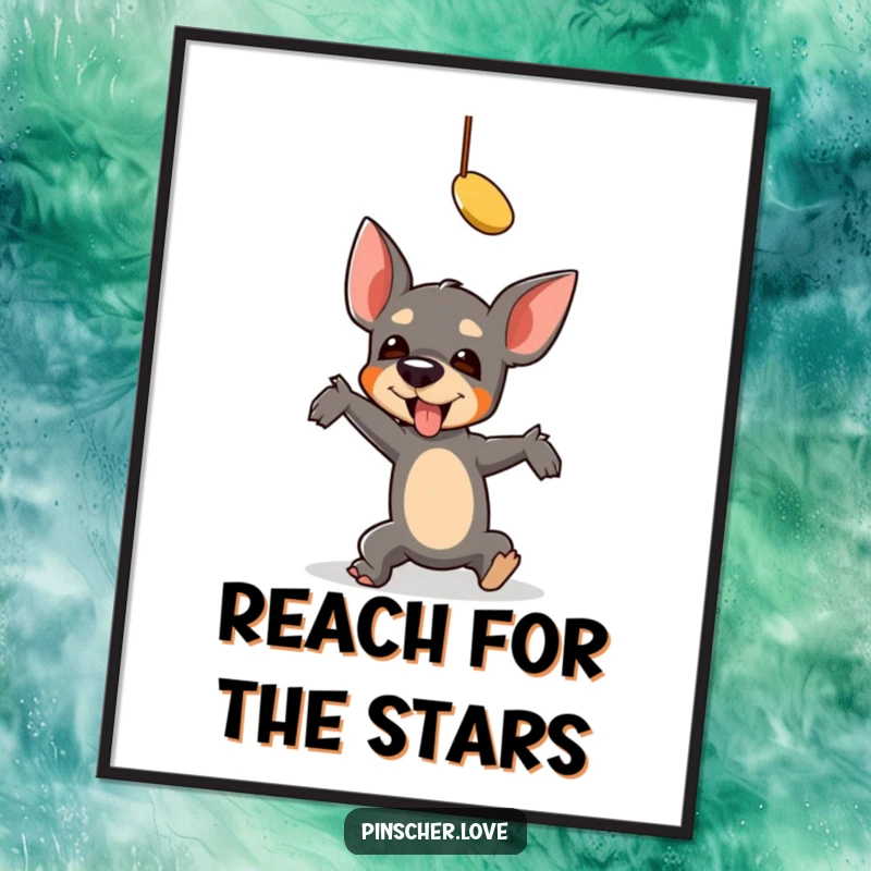 Funny Pinscher Digital Art: A pinscher comically falls while reaching for a toy, capturing a hilarious, relatable moment for decor.