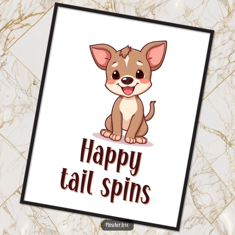 Funny happy pinscher cub digital art print, showing a small dog doing a joyful spin with its tail. Playful and humorous downloadable decor.