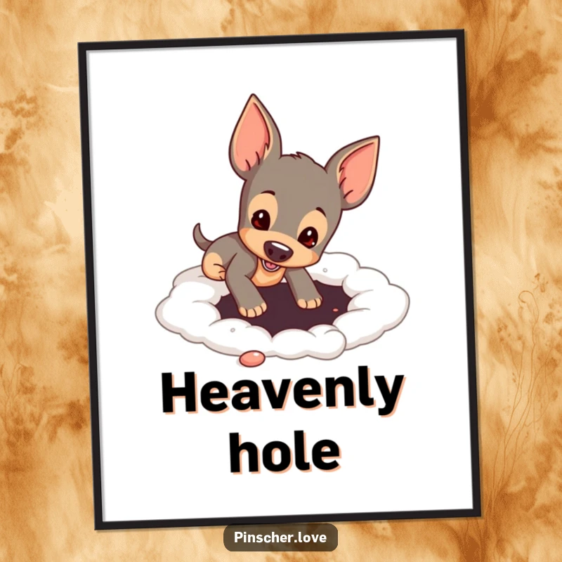 Funny pinscher dog digging a hole in a soft, cloud-like surface, a high-resolution digital art print for whimsical decor