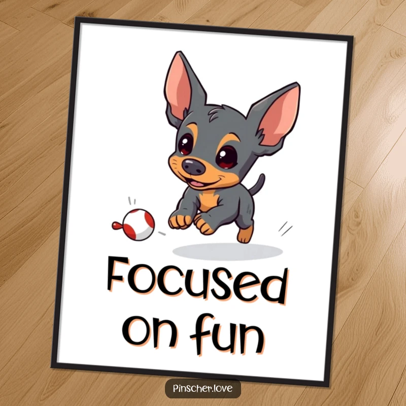 Funny pinscher digital art print with an energetic pinscher dog focused on chasing a small, fleeing toy, ideal for playful decor.