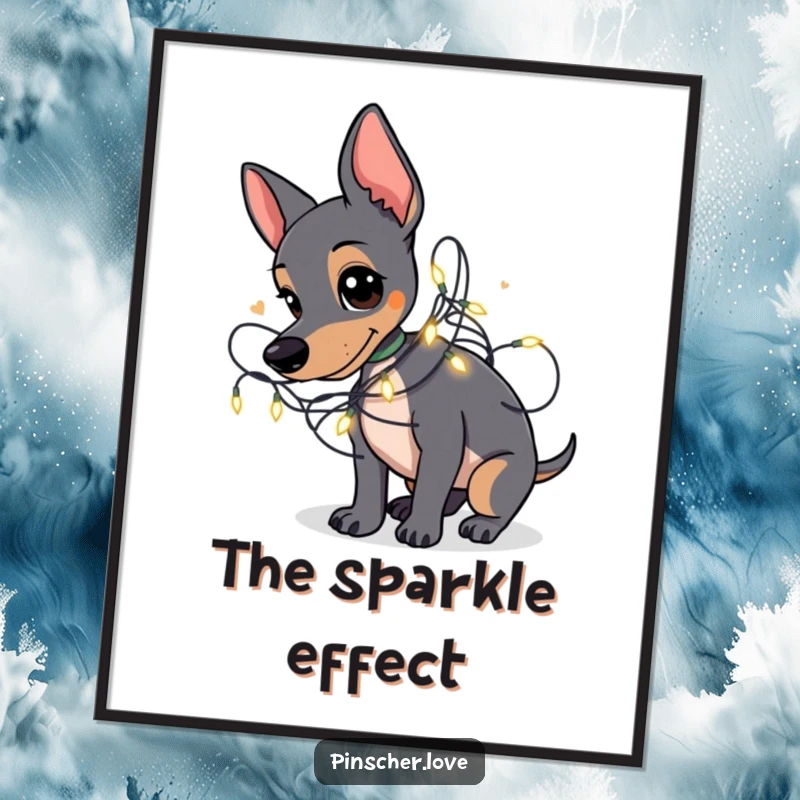 Funny Pinscher digital art print of a Pinscher dog playfully tangled in a string of small, glowing fairy lights.