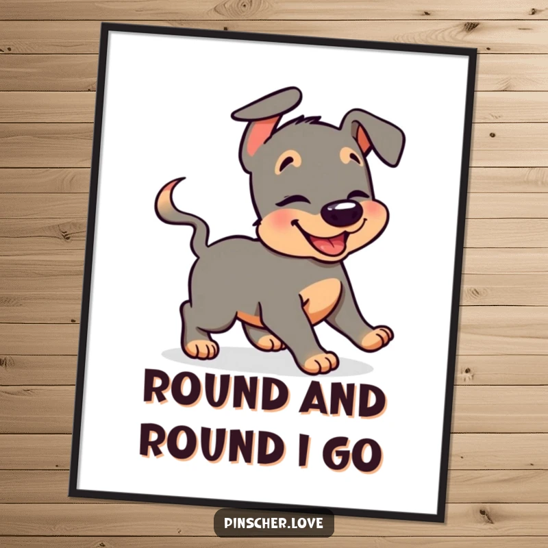 Funny pinscher digital art print of a giggling dog humorously chasing its wagging tail, perfect for instant, joyful wall decor.