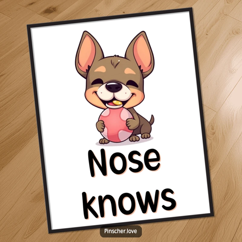Funny Pinscher character digital art print, with a silly grin, balancing a ball on its nose, perfect for instant decor.