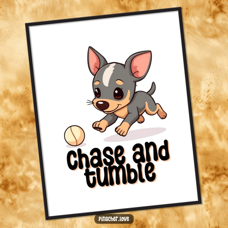Funny Pinscher digital art print, downloadable artwork of a dog character playfully tripping while chasing a tiny ball, clumsy canine, gift.