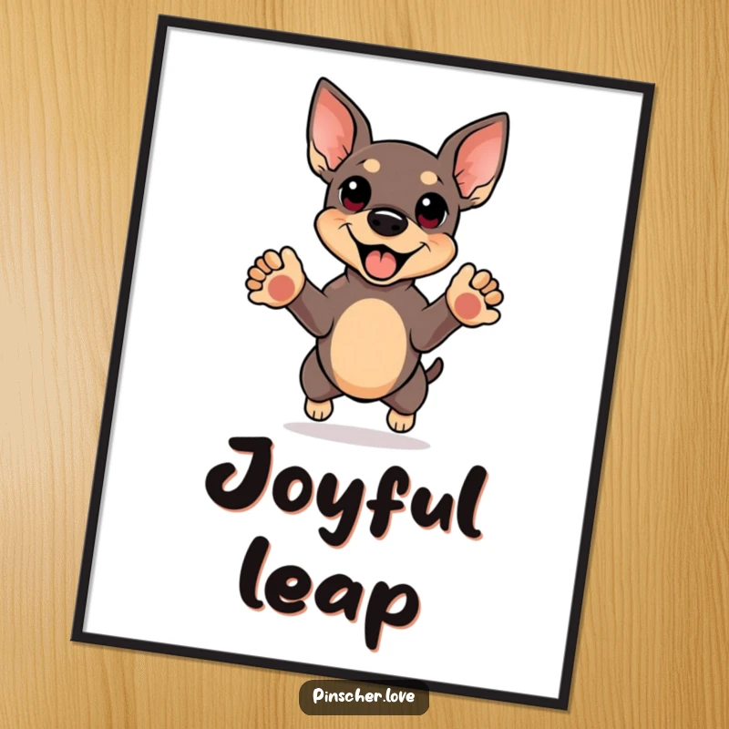 Funny digital art print of a pinscher in a happy jump, front paws reaching upwards, perfect for vibrant, joyful dog-themed decor.
