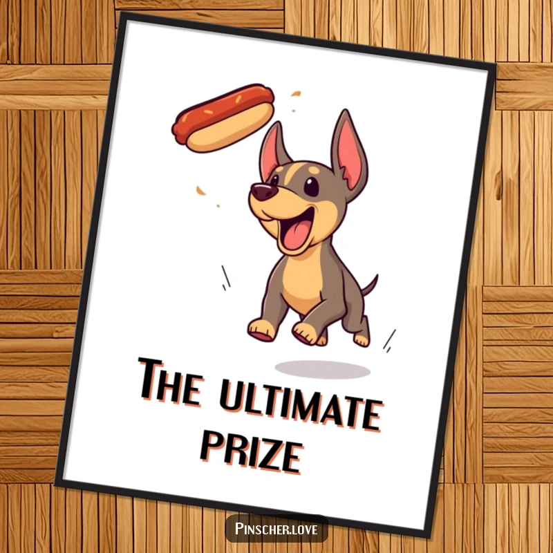 Funny Pinscher dog digital art, captured mid-yip chasing a flying hotdog, a perfect piece of humorous wall decor.