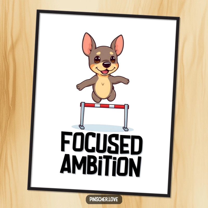 Funny Pinscher Digital Print: A determined pinscher dog leaps athletically over a tiny hurdle, embodying focus and achievement.