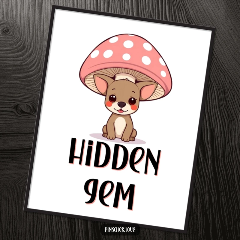 Funny pinscher dog peeking from under a giant polka-dotted mushroom, a high-resolution digital art print for whimsical decor