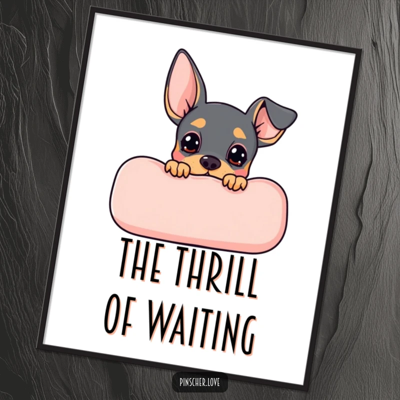 Funny Pinscher digital art print of a cute Pinscher dog peeking from behind a cushion with an expression of playful anticipation.