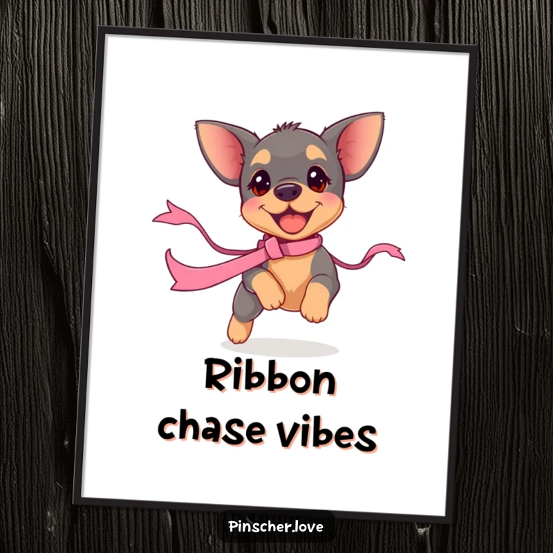 Funny pinscher puppy digital art print, showing a small dog excitedly chasing a ribbon. Playful and humorous downloadable decor.